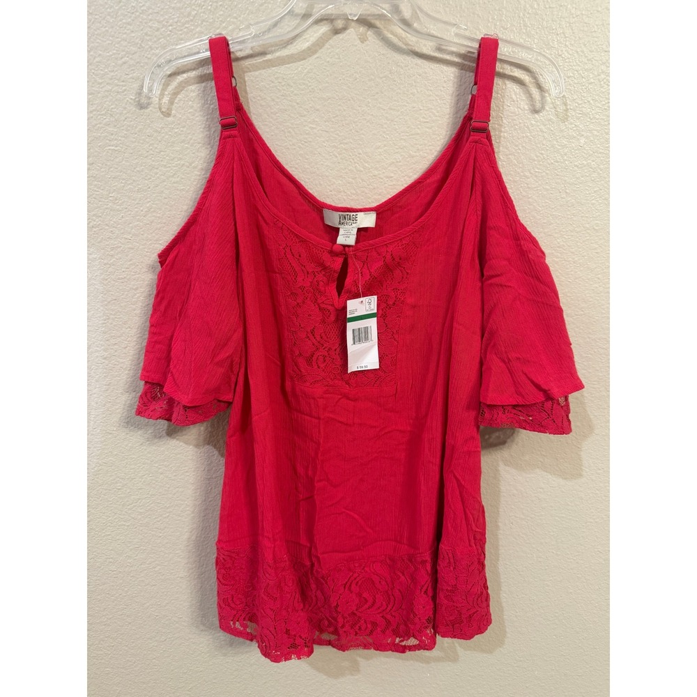 Vintage America Blues Cold Shoulder Lace Trim Top Rose Red Size L